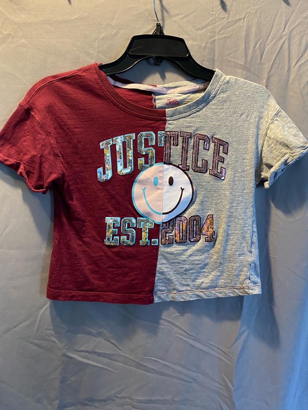 Justice Colorblock Red & Gray Cropped Tee with Smiley Graphic